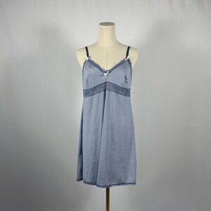 Blue White Stripe Lace Trim Camisole Slip Dress Nightgown Lingerie S M L